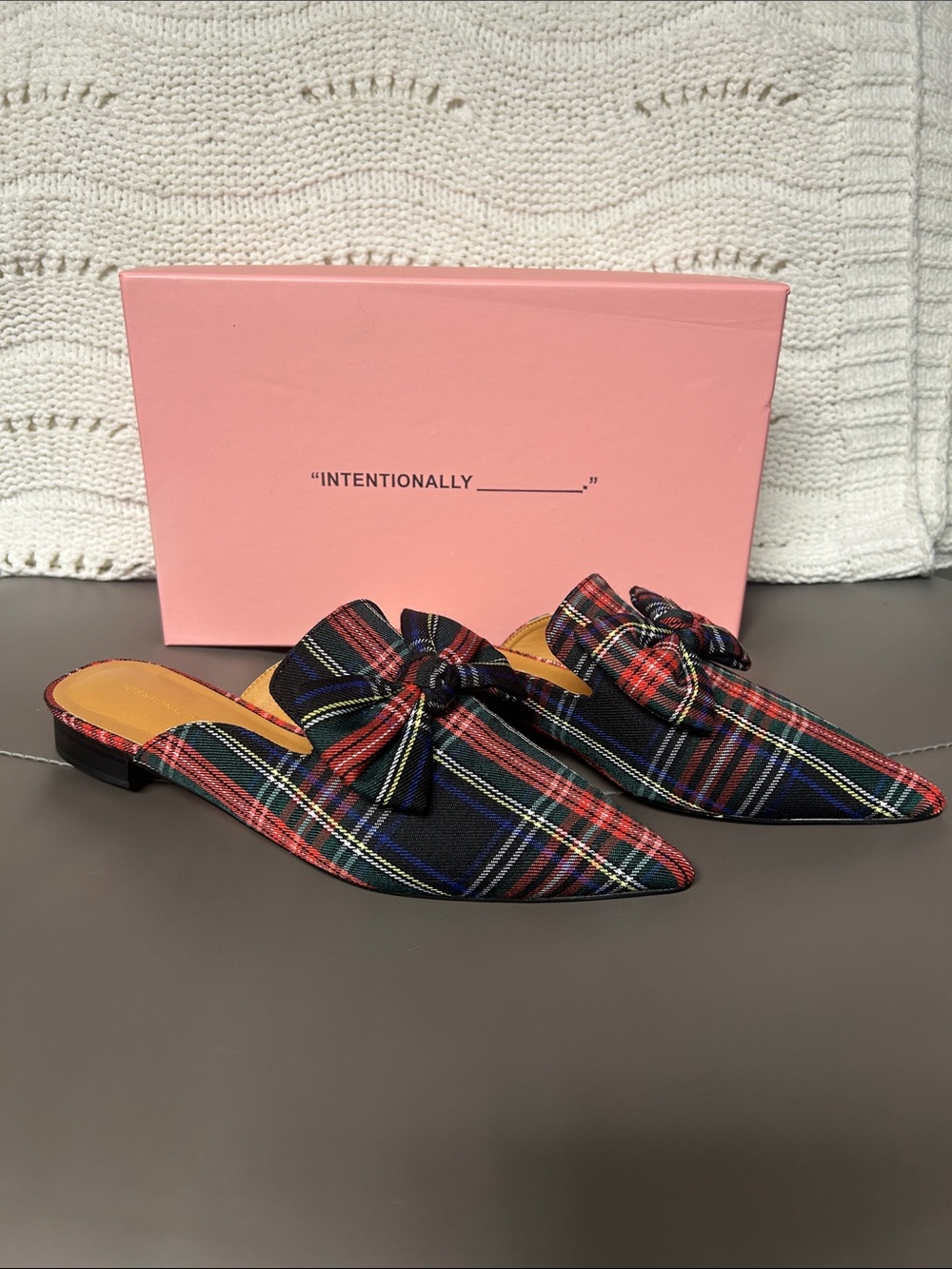 Multi-Color Plaid Bow Pointed-Toe Slip-On Mules